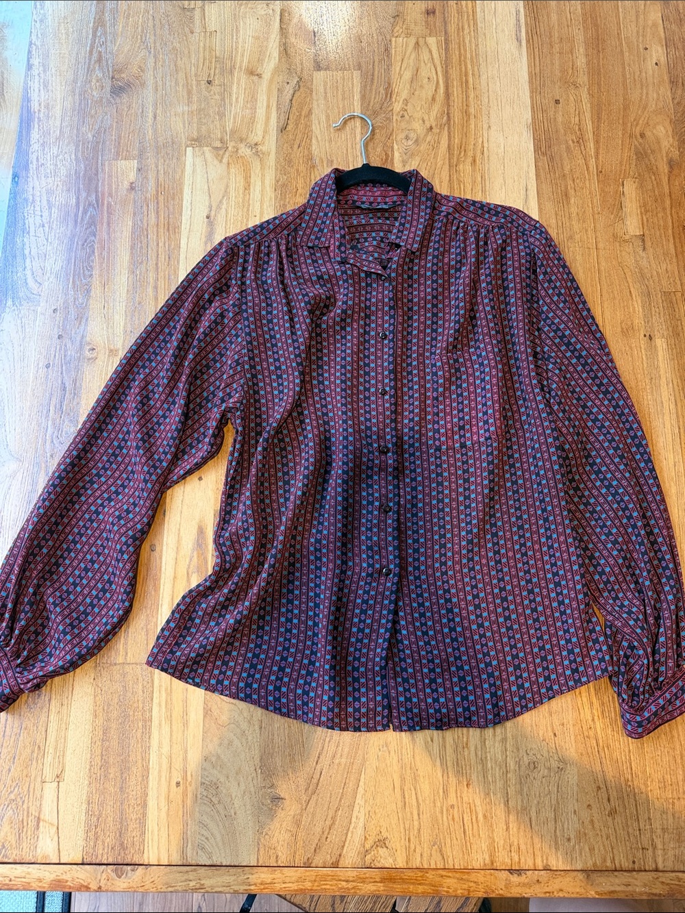 1990s Vintage Pierre Cardin Burgundy Patterned Long-Sleeve Button-Up Blouse